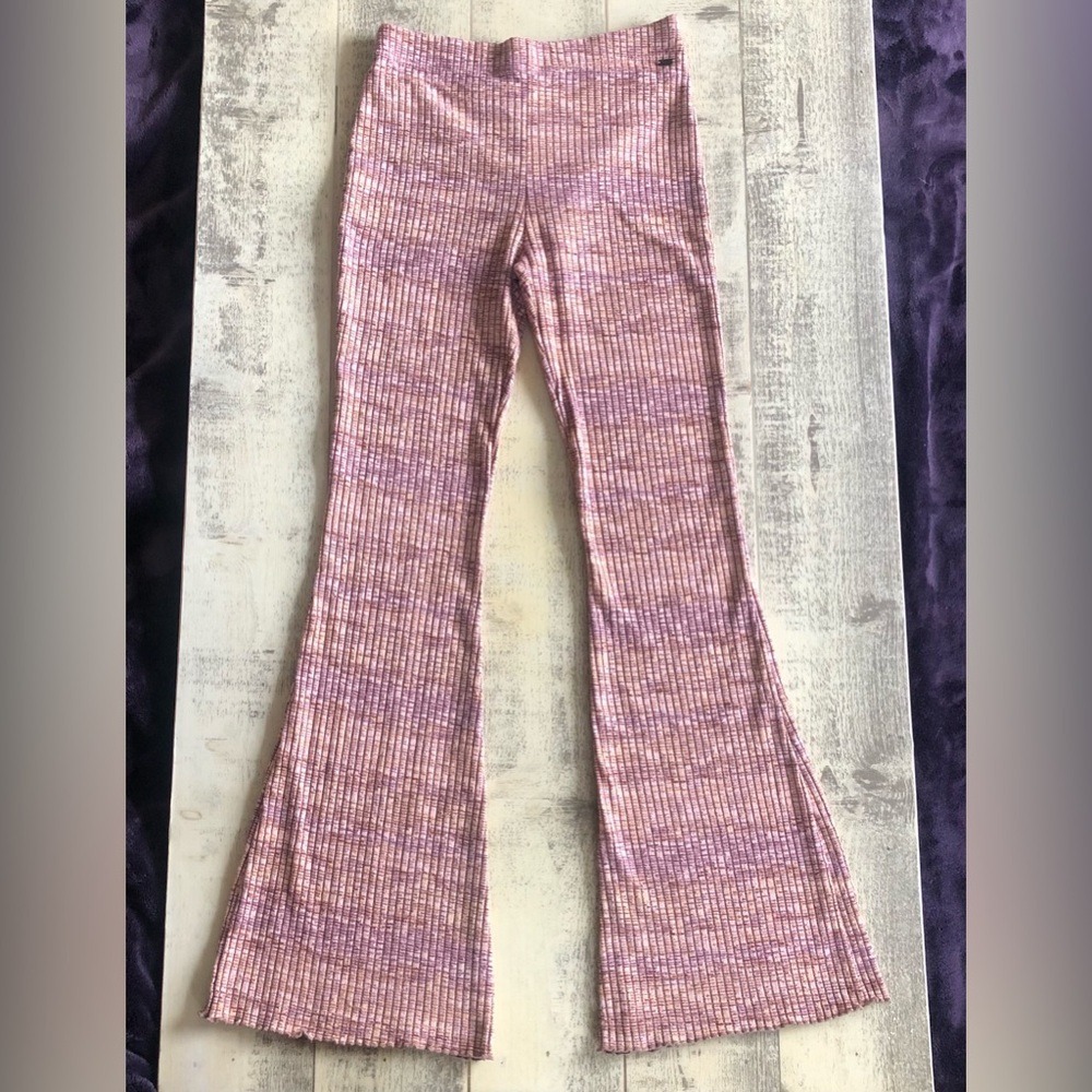 PULL AND BEAR Teen Large‎ Wide Flare Bell Botttom Ribbed Pants Multicolor Retro - Picture 2 of 10